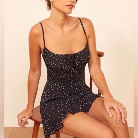 Reformation Dresses & Skirts - Reformation Fraise Polka Dot Mini Dress Black Tie Front Slip Dress Women's 4